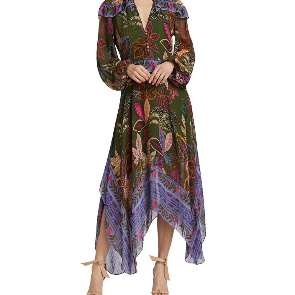 Farm Rio Wild Jungle Green Womens Dress L Print Handkerchief Hem Ruffle Midi